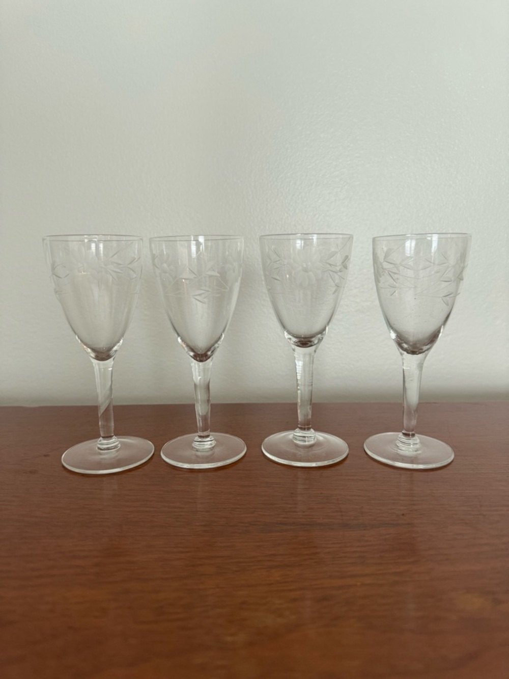 4 Vintage Flower Etched Crystal Glasses